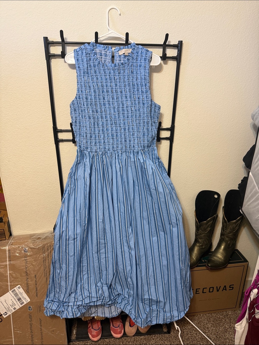 LOFT Blue Striped Smocked Maxi Dress
